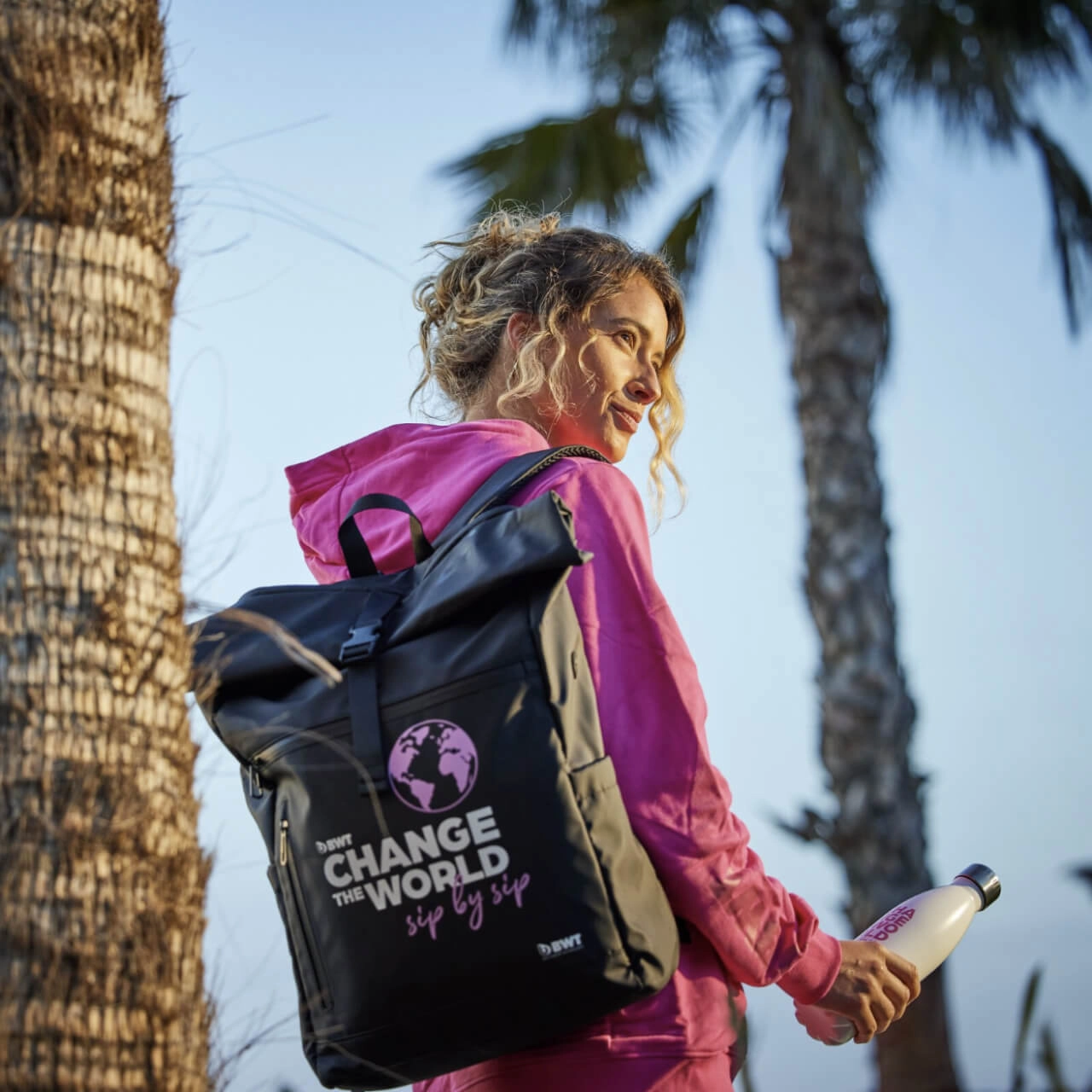 BWT Mission Woman with BWT backpack and BWT bottle